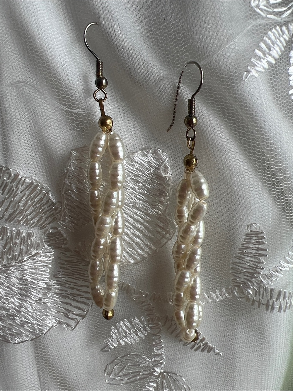 Pearl Bead Dangle Earrings — Cream Pearl with Gold Accents